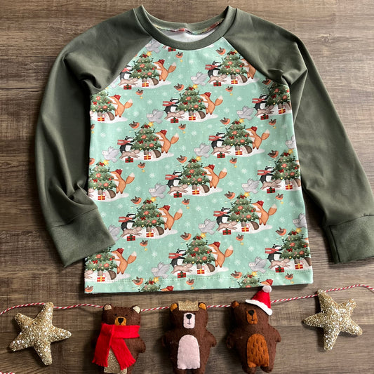 Christmas Forest Friends Raglan Tee - 6-7 years FLAWED